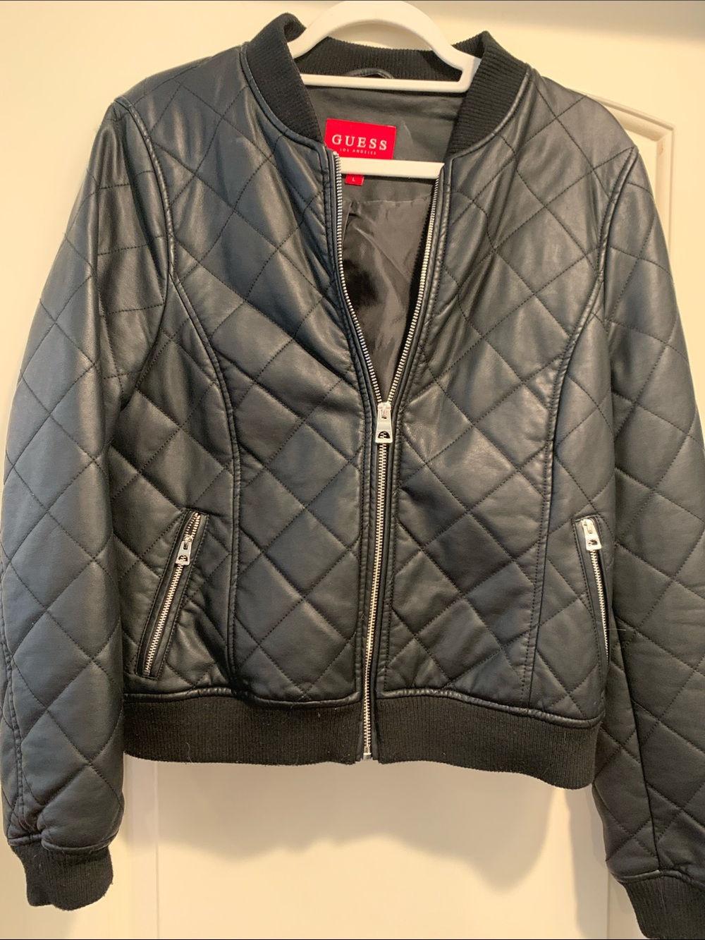 GUESS Quilted Black Leather-Look Bomber Jacket